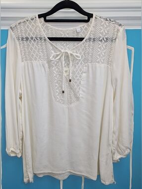 Women's Cream Lace-Yoke Tie-Neck Blouse